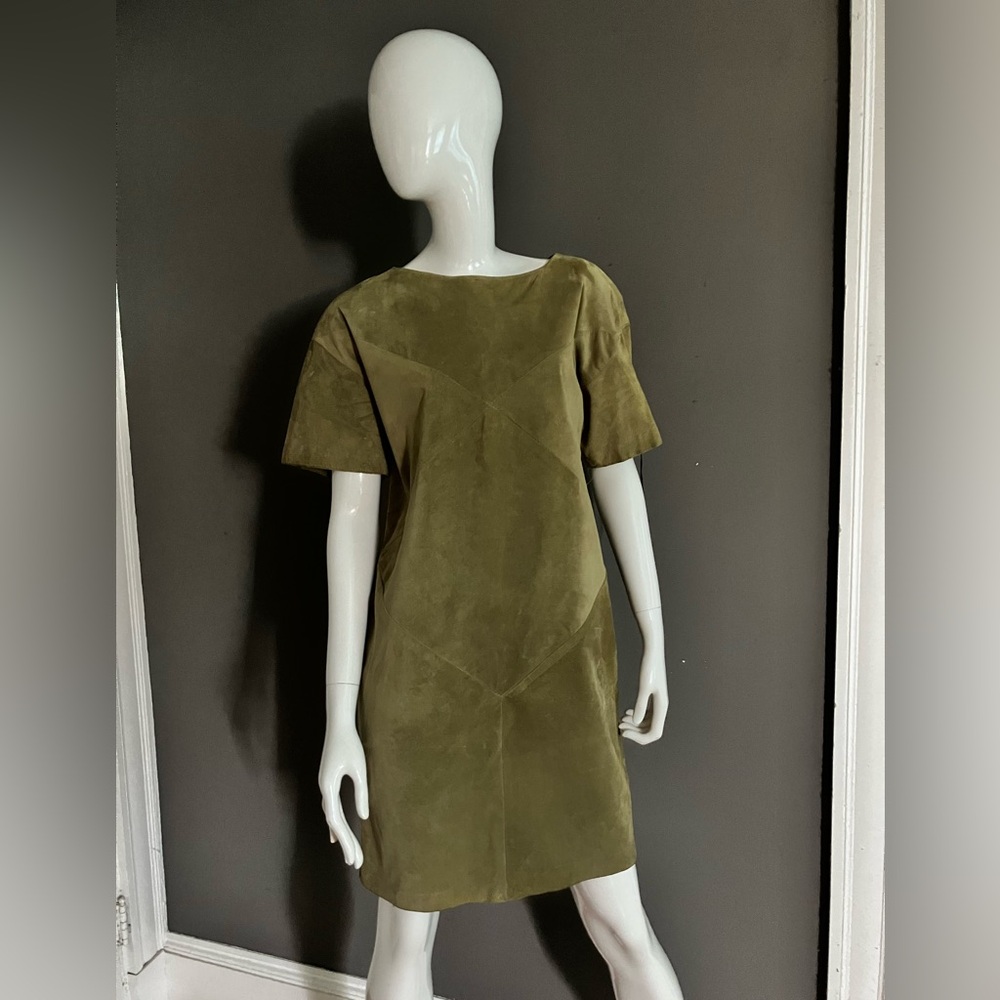 Olive Green Vintage Suede Dress with Split Size 8